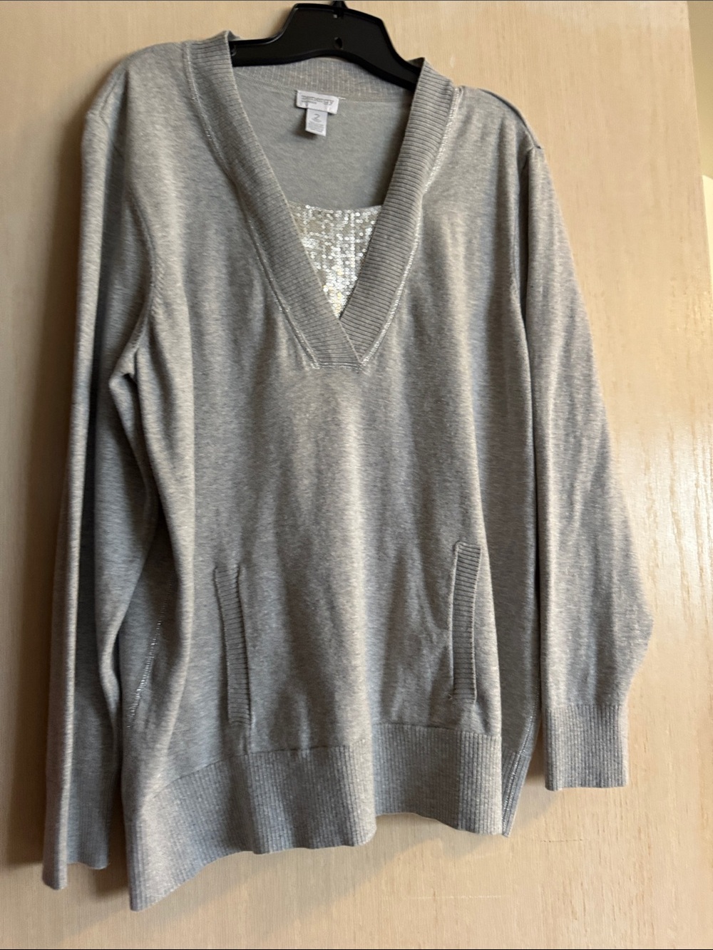 Chicos Zenergy V-Neck Gray Women's Sweater with Sequin Detail size 2 or Large